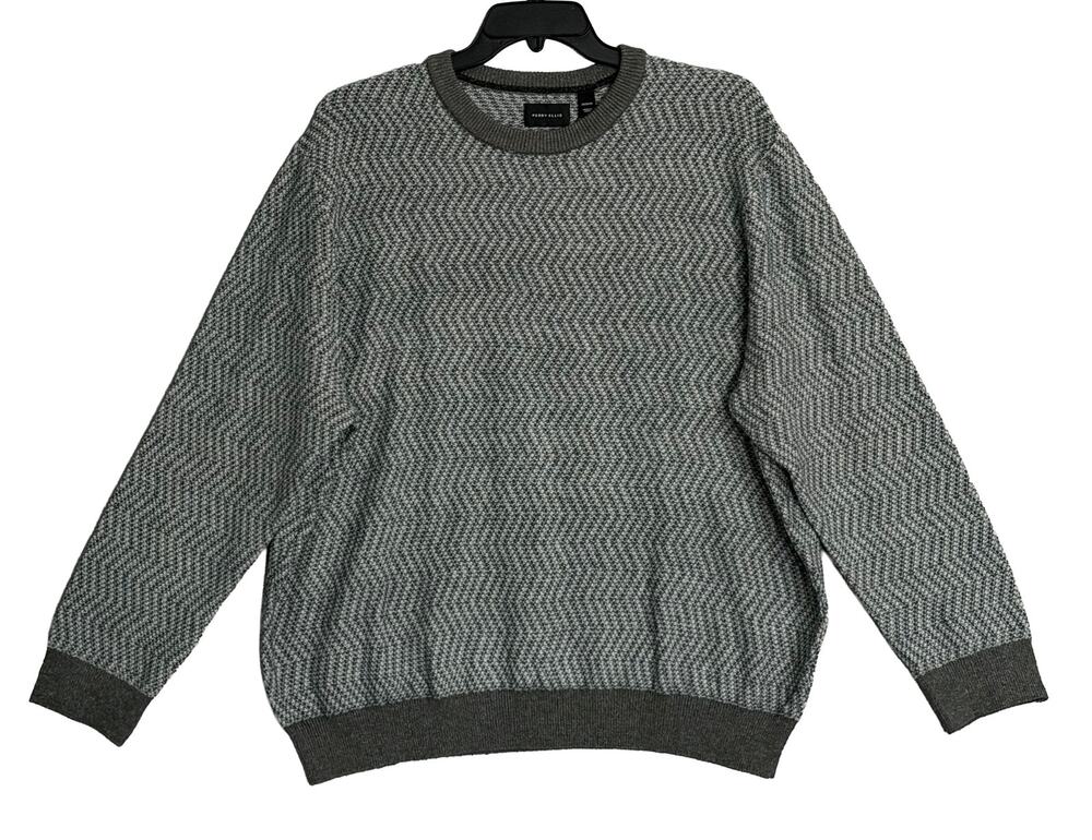 Perry Ellis Sweater Men's 2X Big & Tall Yarn Herringbone Crew Neck Gray NWT
